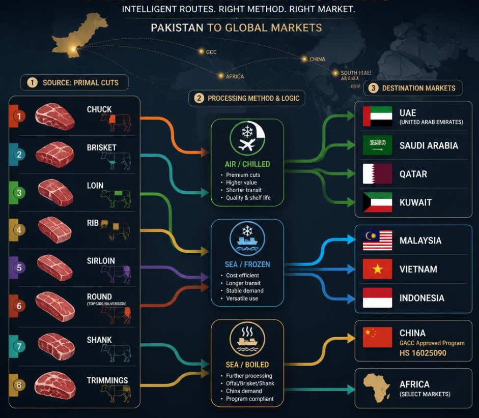 Educational infographic linking Pakistani beef and buffalo primal cuts (Brisket, Loin, Topside) via processing methods (Chilled, Frozen, Boiled) to key global export destinations (China GACC, UAE HORECA, Malaysia), optimized for strategic global trade routing.