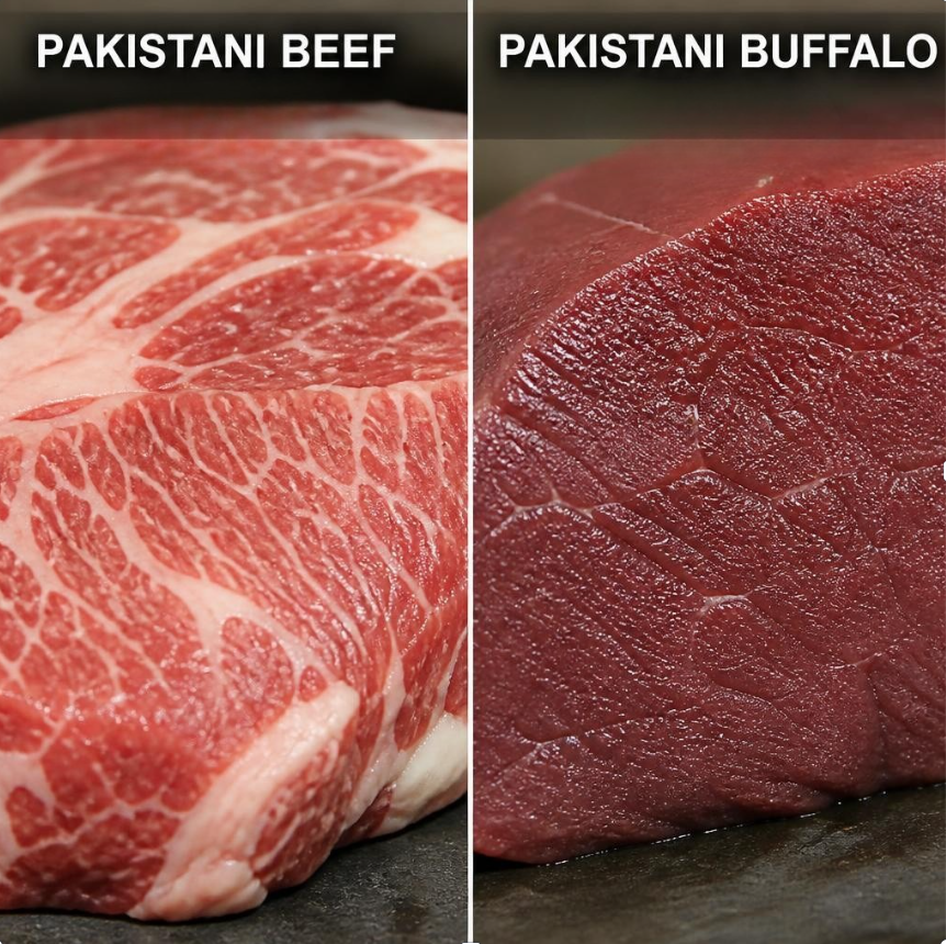 Side-by-side macro photography comparing the raw meat textures of Pakistani Beef (Sahiwal) and Pakistani Buffalo (Nili-Ravi). The beef shows finer grain and marbling, while the buffalo shows denser, leaner muscle fiber and deep red color.
