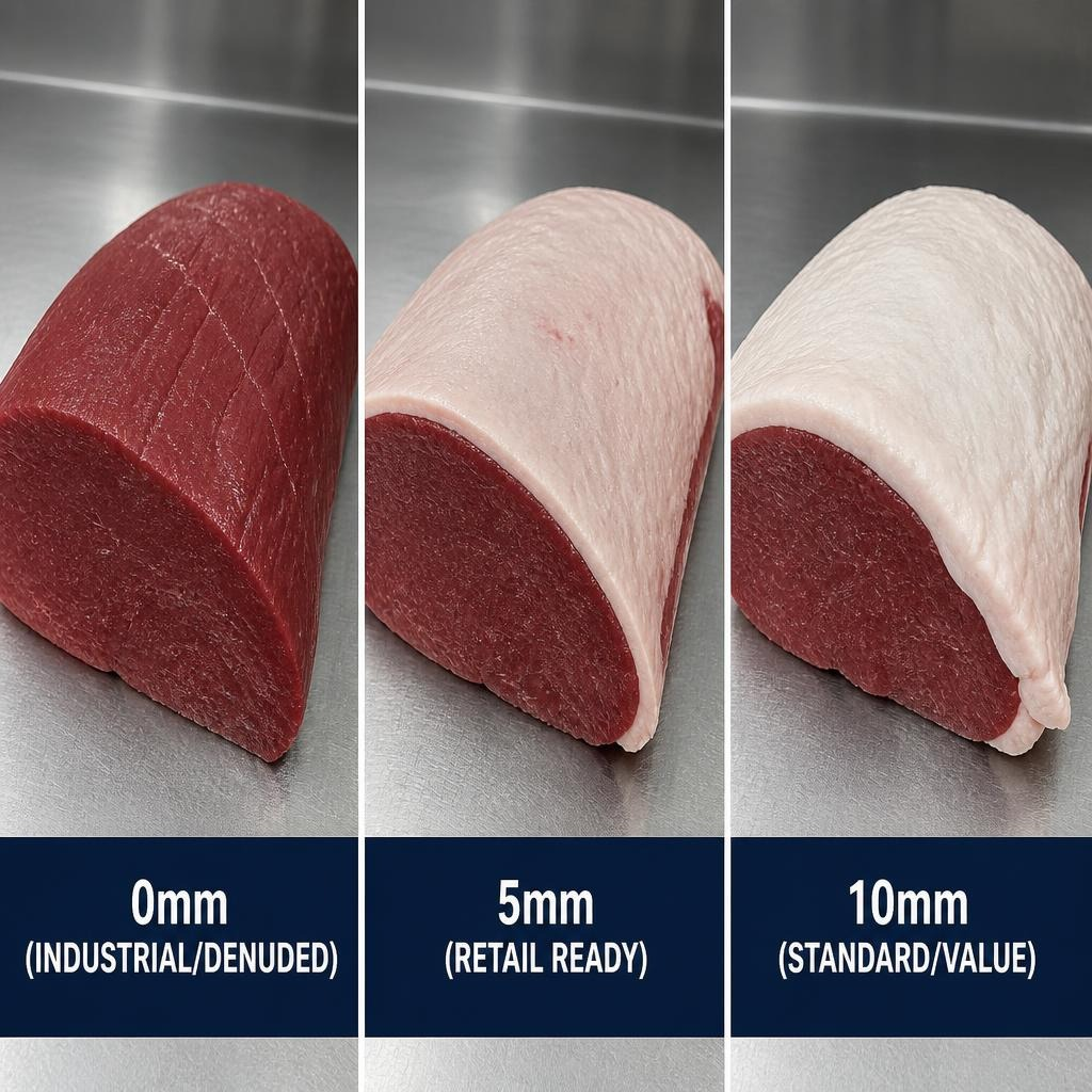 A high-resolution reference grid showcasing a single cut of Pakistani beef Topside at three distinct, standard trim levels: 0mm (Industrial), 5mm (Retail Ready), and 10mm (Standard), illustrating the exact visual definition of each spec for import contracts.