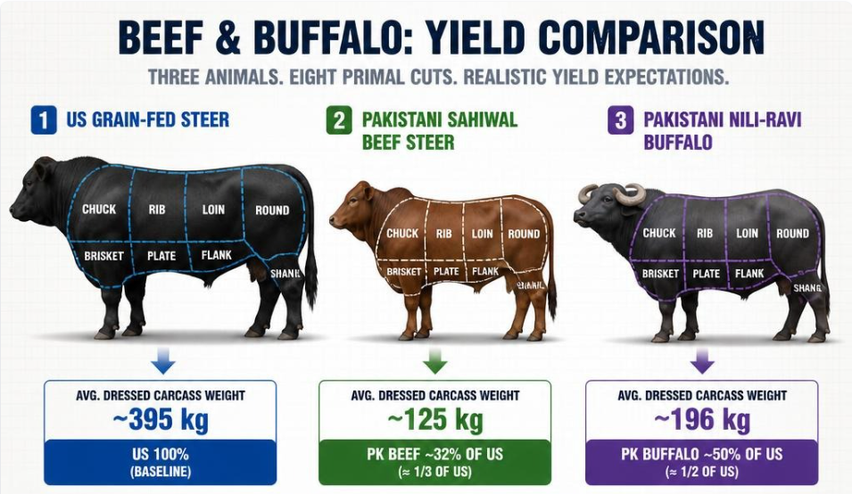 Infographic comparing the carcass scale of massive US Grain-Fed Steer with smaller, leaner Pakistani Sahiwal Beef and Nili-Ravi Buffalo, highlighting labeled primal cuts and specific weight discrepancies essential for export yield planning.